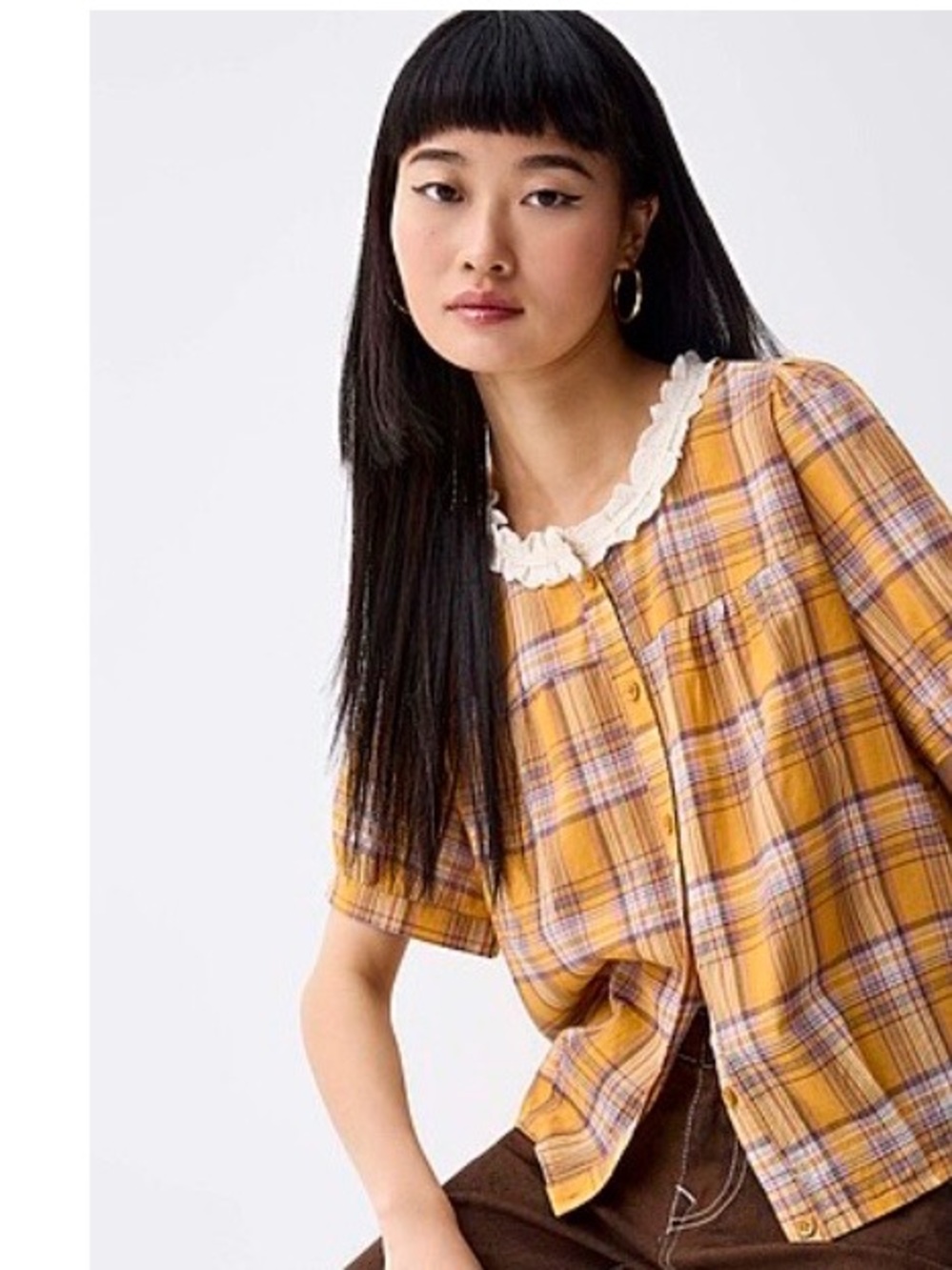 TWIK 100%cotton Plaid Lace-Trimmed Button Front Top, Sz L.